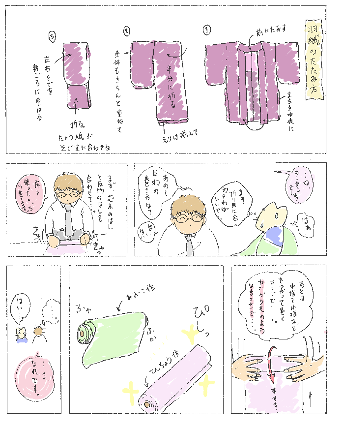 着物漫画イラスト 羽織のたたみ方 反物の巻き方 着物通販 きものａｃｔ